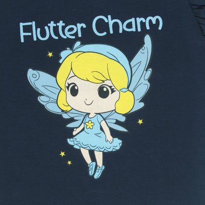 Close-up of fairy print detail on navy cotton half sleeve night suit T-shirt – part of Littleseeds’ latest girlish dresses range.