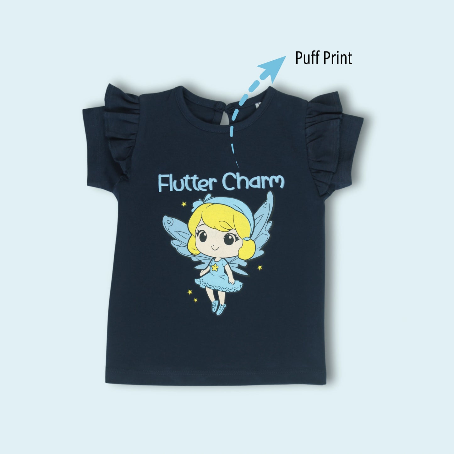 Front view of navy cotton half sleeve T-shirt with fairy print – soft and stylish nightwear from the latest girlish dresses collection.