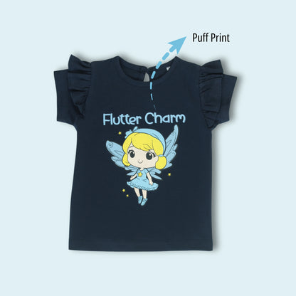 Front view of navy cotton half sleeve T-shirt with fairy print – soft and stylish nightwear from the latest girlish dresses collection.
