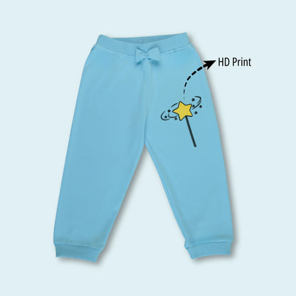 Front view of light blue ankle-length cotton jogger pants – cozy and breathable bottoms from Littleseeds’ latest girlish dresses night suit.