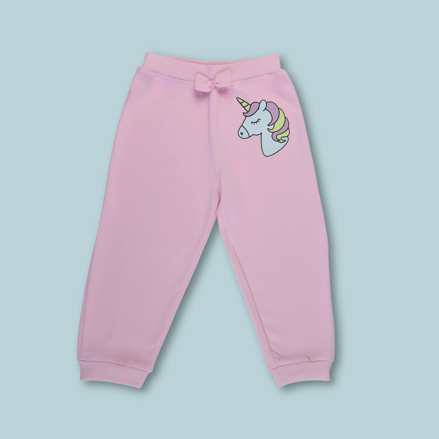 Front view of pink cotton jogger pant – part of unicorn night suit set designed as latest girlish dresses by Littleseeds.