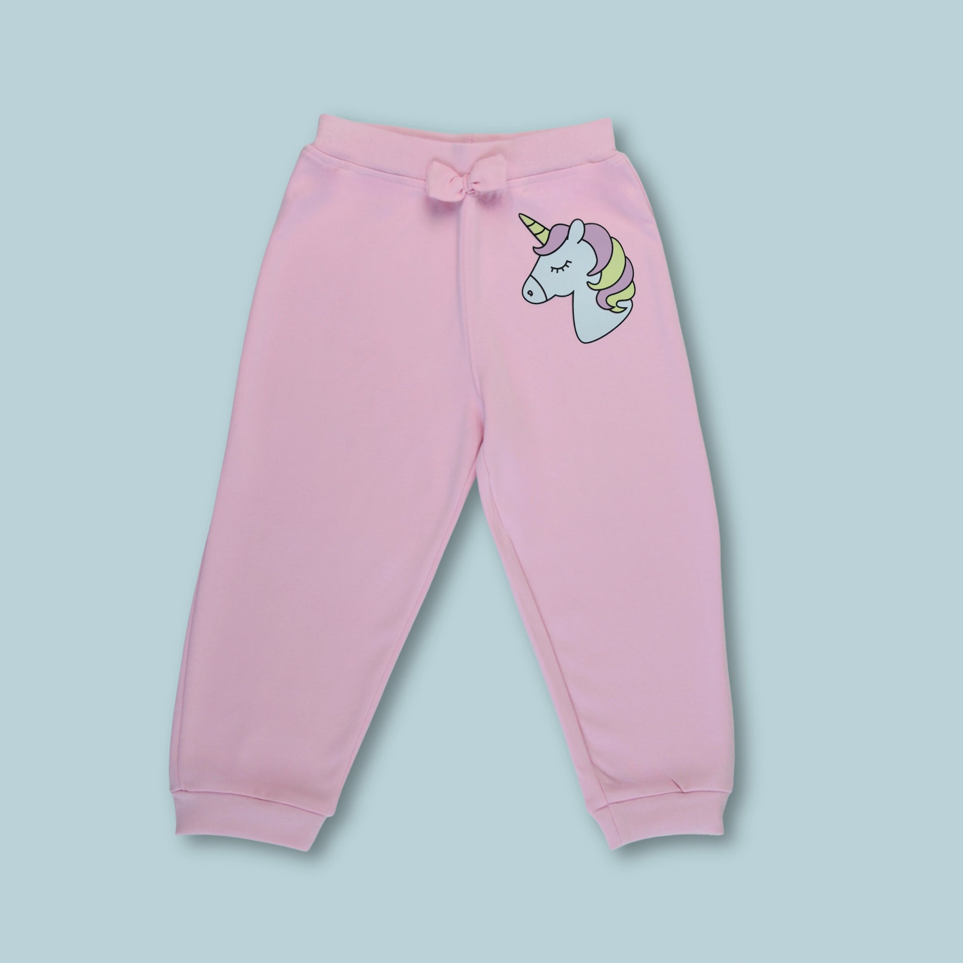 Front view of pink cotton jogger pant – part of unicorn night suit set designed as latest girlish dresses by Littleseeds.