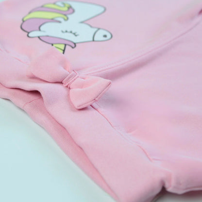 Close-up view of waistband and stitching on pink cotton jogger pant – comfy and stylish detail from latest girlish dresses.