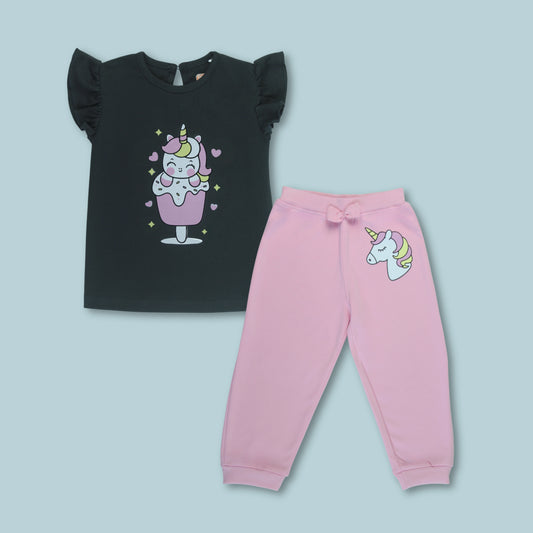 Full combo view of girls cotton puff sleeve unicorn night suit in black and pink – stylish and comfy latest girlish dresses from Littleseeds.