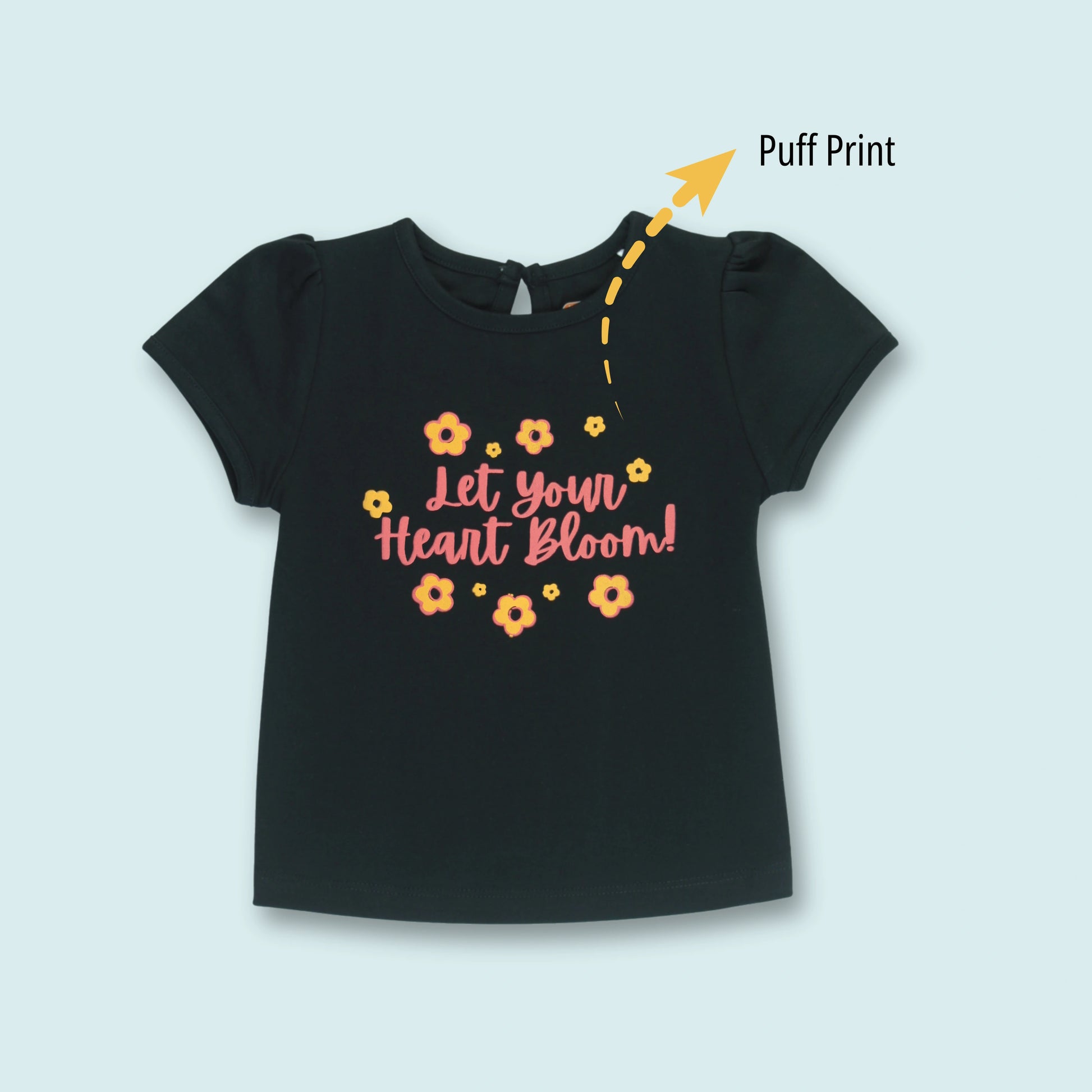 Front view of black cotton puff sleeve floral print T-shirt – comfortable and breathable night dress for childrens.