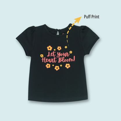 Front view of black cotton puff sleeve floral print T-shirt – comfortable and breathable night dress for childrens.