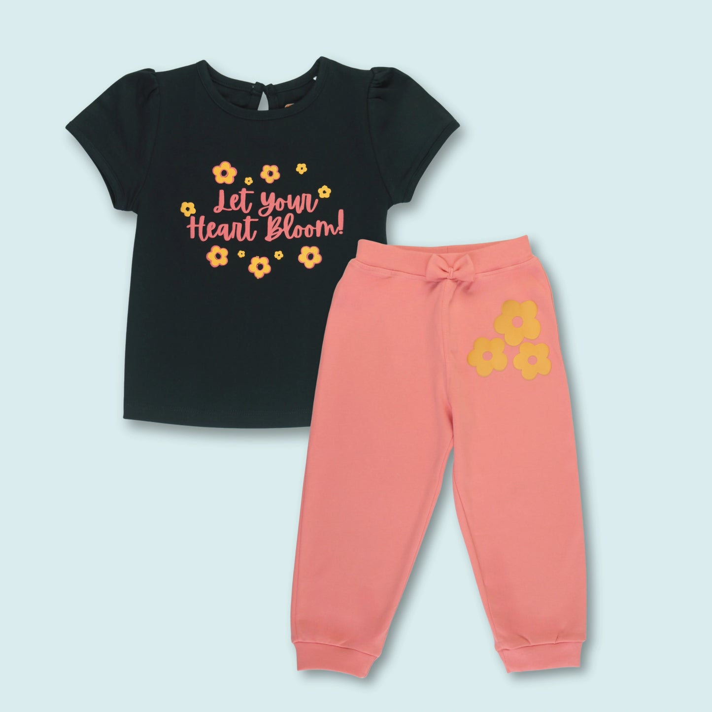 Girls cotton puff sleeve floral night suit set in black and coral red – soft and stylish night dress for childrens from Littleseeds.