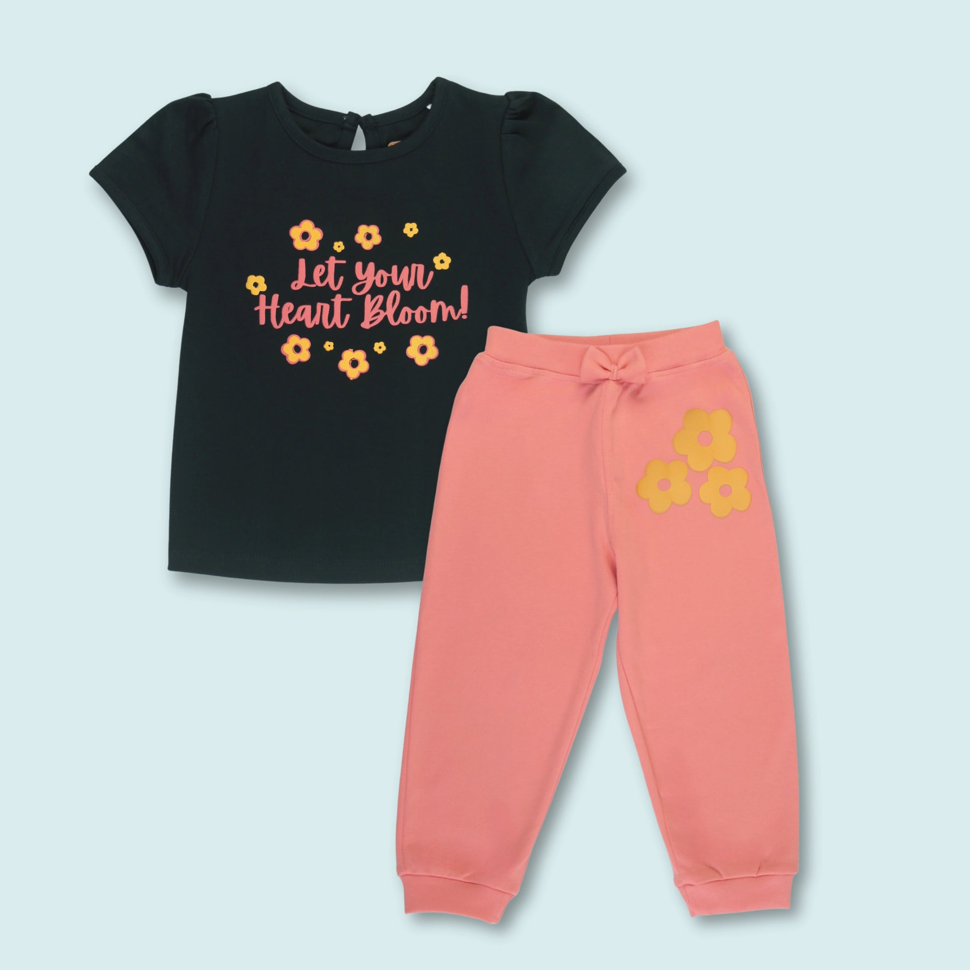 Girls cotton puff sleeve floral night suit set in black and coral red – soft and stylish night dress for childrens from Littleseeds.