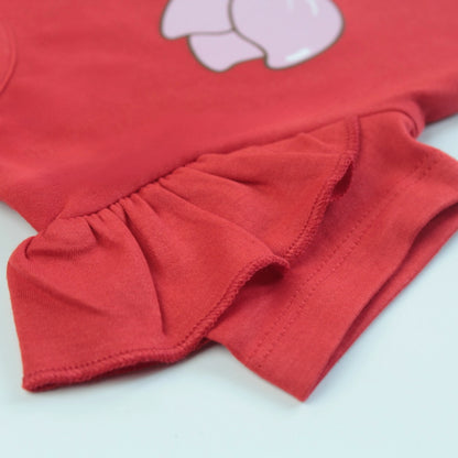 Close-up of cat print and stitching details on red cotton T-shirt – premium quality night dress for childrens.