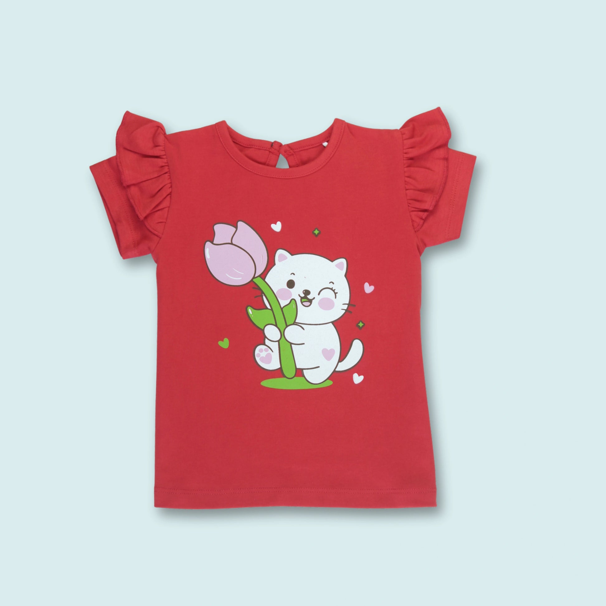 Front view of red cotton half sleeve T-shirt with cute cat print – soft and breathable night dress for childrens.