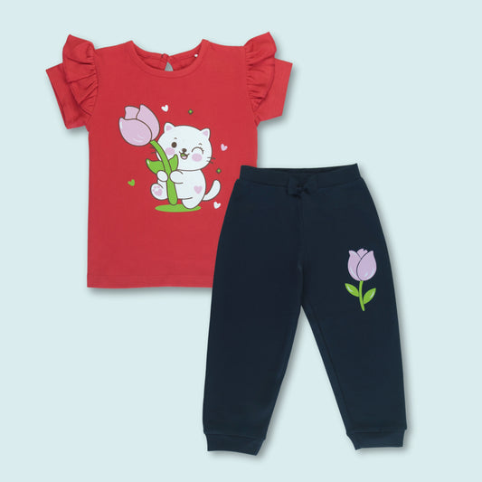 Full set of girls cotton half sleeve night suit with red cat print T-shirt and navy jogger pant – comfortable night dress for childrens.