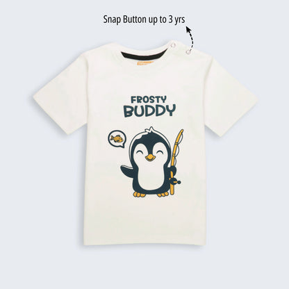 Soft cotton boys half sleeve t shirt with penguin print in white – part of stylish t shirt shorts outfit for everyday wear