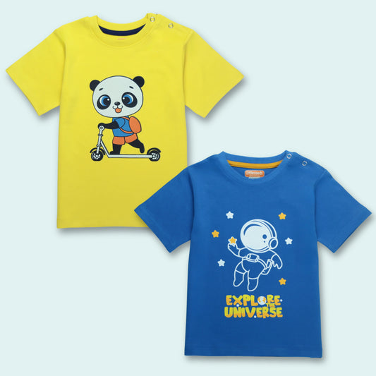 Set of 2 soft cotton t shirts for infants with panda and astronaut prints – yellow and royal blue combo from Littleseeds™ Kidswear